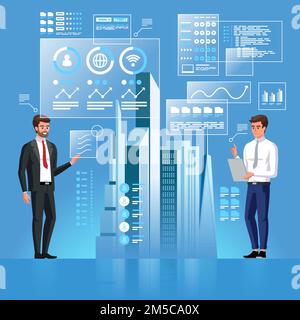 Two business persons are developing a project of Smart City using virtual interface.  Artificial Intelligence. Internet of Things. Information Communi Stock Vector