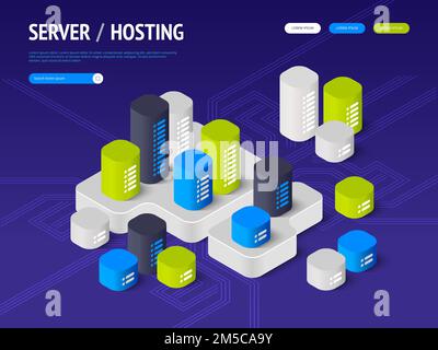 Suggesting to buy or rent a servers and hosting. Landing page concept. Header for website. Isometric vector illustration Stock Vector