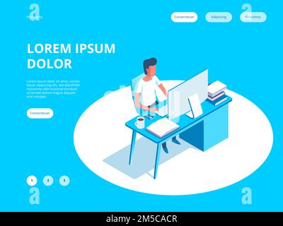 Young man working on the computer programmer, business analysis, design, strategy. Isometric vector illustration Stock Vector