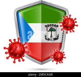 Flag of Equatorial Guinea on Metal Shiny Shield Icon and Red Corona Virus Cells. Concept of Health Care and Safety Badge. Security Safeguard Metal Lab Stock Vector