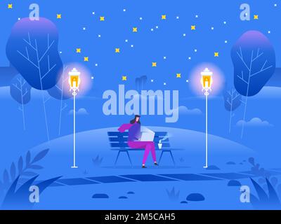 Young woman sitting in the park on the bench and working with laptop. Flat modern illustration of social networking and texting to friends Stock Vector