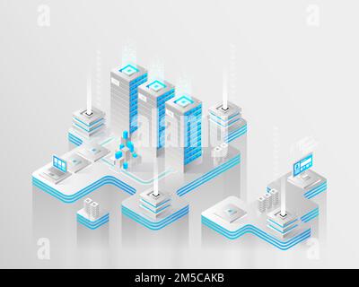 Big modern data center, server room, cloud data storage files service, data processing isometric vector technology Stock Vector