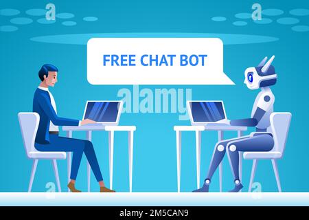 Free chat bot concept. Man chatting with chat bot. Vector illustration concept for business, site, banners, web. Stock Vector