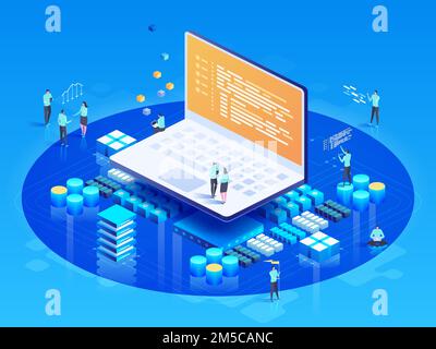 Software, web development, programming concept. People interacting with laptop,  charts and analyzing statistics. Technology process of Software devel Stock Vector