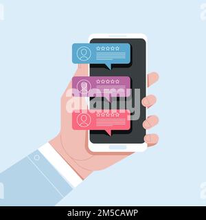 Review rating bubble speeches on mobile phone vector illustration, flat style smartphone reviews stars with good and bad rate and text, concept of tes Stock Vector