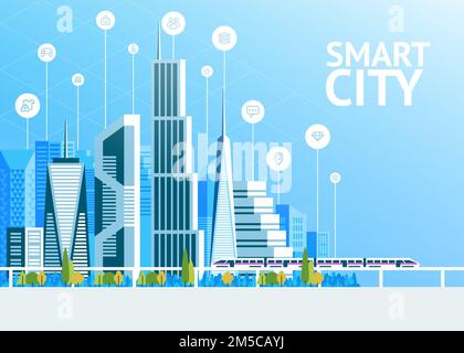 Urban landscape with infographic elements. Smart city. Modern city. Concept website template. Vector illustration. Stock Vector