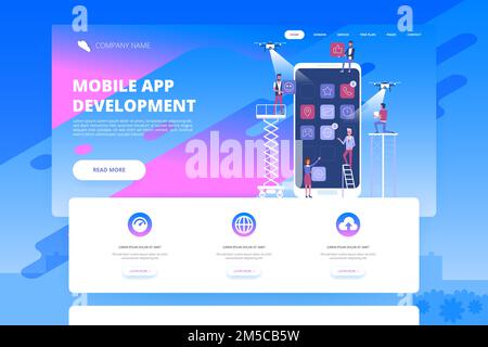 Mobile app development concept banner with characters. Can use for web banner, infographics, hero images. Flat vector illustration Stock Vector