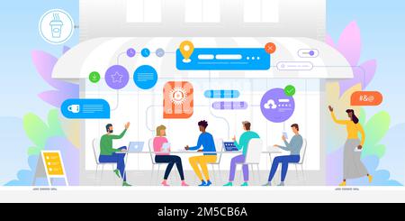Networking concept. Group of friends in cafe. Young people social networking and connecting together online: community and internet concept Stock Vector