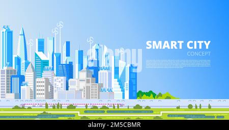 Urban landscape with large modern buildings. Street, highway with cars. Concept city and suburban life. Stock Vector