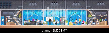 Creative Office. Co-working center in loft style. Young people working on laptops in co-working area. Workers sitting at computers in modern open spac Stock Vector