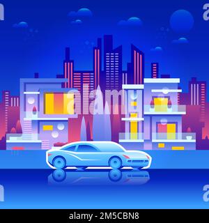 Vector illustration of the city of the future. Car in the foreground is parked in front of the houses Stock Vector