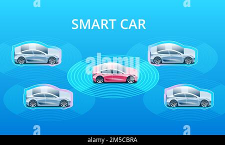 Autonomous smart car goes on the road in traffic. Scans the road, observe the distance. Future concept. Stock Vector