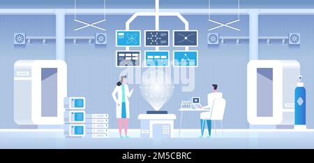 Scientists man and woman conducting research in a lab, interior of science laboratory, vector Illustration Stock Vector