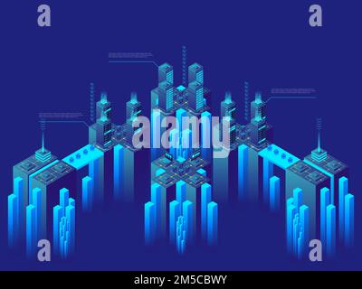 High technology concept. Supercomputer. Big data center. Networked computer servers. Cryptocurrency market. Detailed vector isometric illustration. Stock Vector