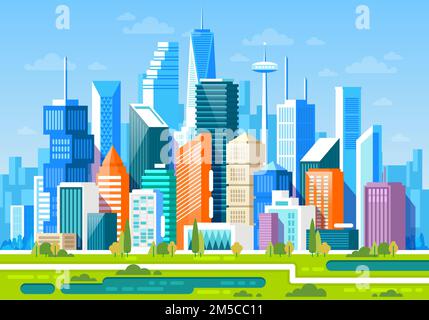 Urban landscape with high skyscrapers and subway. Vector illustration ...