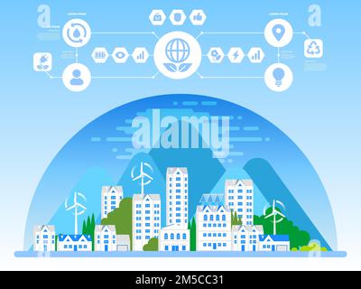 Green eco city and sustainable architecture banner. Vector illustration. Buildings with solar panels and windmills. Happy clean modern city. Save the Stock Vector