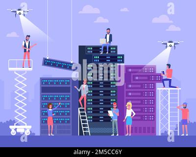 Data center concept. Network telecommunication server. Vector concept illustration flat design Stock Vector