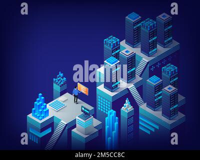 Server room rack, data center. Corporation public data. System administrator. Access for file who storage on remote cloud server concept, modern serve Stock Vector