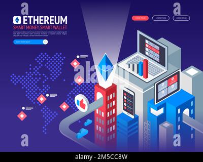Ethereum digital currency. Futuristic digital money. Isometric technology worldwide network concept. Vector illustration Stock Vector
