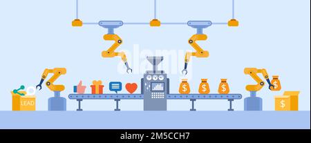 Lead generation concept. Marketing concept. Process of leads production on the conveyor belt. Vector flat style. Stock Vector