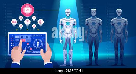 Engineer hand using tablet with Artificial intelligence. Conveyor with robots. Vector illustration Stock Vector