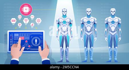 Robot assembly line producing cyborg in factory. Vector illustration ...