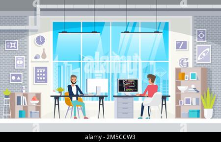 Office interior People In Creative Modern Workplace Interior Flat Vector Illustration Stock Vector
