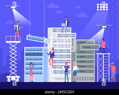 Data center concept. Network telecommunication server. Vector concept illustration flat design Stock Vector