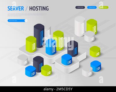 Suggesting to buy or rent a servers and hosting. Landing page concept. Header for website. Isometric vector illustration Stock Vector