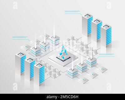 Big modern data center, server room, cloud data storage files service, data processing isometric vector technology Stock Vector