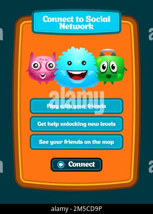 Game UI. Interface game design. Connect to social network screen. Vector eps 10. Stock Vector