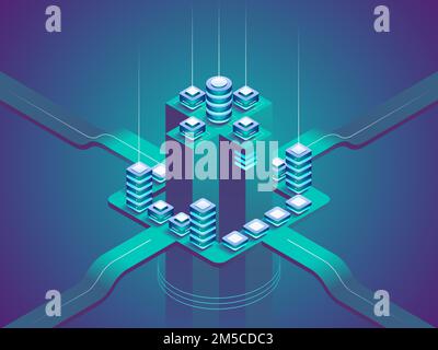 Concept of big data processing, energy station of future, server room rack, data center isometric vector illustration Stock Vector
