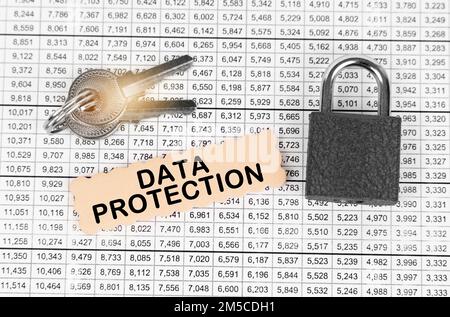 Business and security concept. Against the background of a table with reports, a lock, keys and a sign with the inscription - data protection Stock Photo