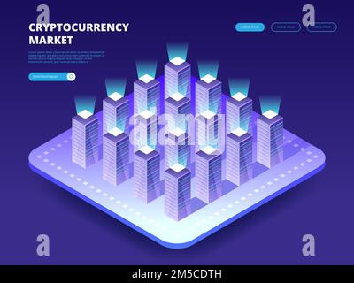 Cryptocurrency Market. Cloud data center with hosting servers. Computer technology, network and database, internet center. Server racks with cloud. Ve Stock Vector
