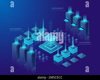 Data center or cryptocurrency market. A large group of networked computer servers typically used by organizations for the remote storage, processing, Stock Vector