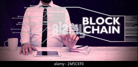 Text showing inspiration Block Chain. Word Written on system in which a record of transactions made in bitcoin Stock Photo
