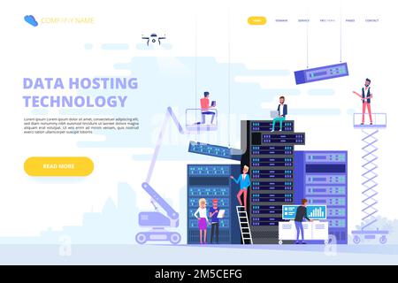 Data center and hosting. Network internet database, configuration and maintenance, build server. Vector flat illustration Stock Vector