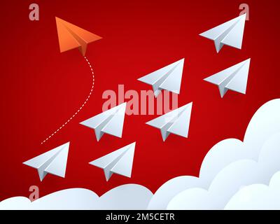 Vector illustration of Minimalist style red airplane changing direction and white ones. New idea, change, trend, courage, creative solution, innovatio Stock Vector