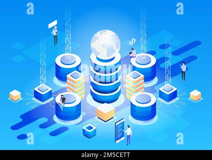 Concept of data network management .Vector isometric map with business networking servers, computers and devices. Stock Vector