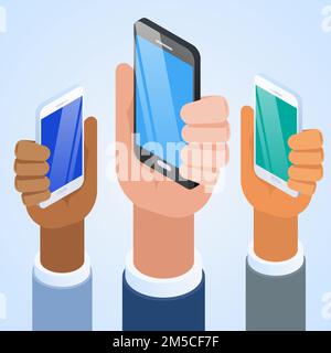 Presentation of the new smartphone. Hands holding new phones. Stock Vector