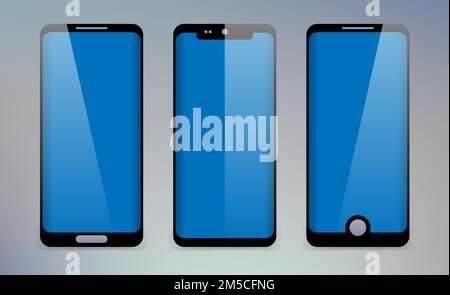 Concept of modern phones with empty screens, realistic mobile templates on transparent background. High quality vector illustration. Stock Vector