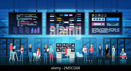 Development office design concept with stuff and data center conference hall support service elements flat vector illustration Stock Vector