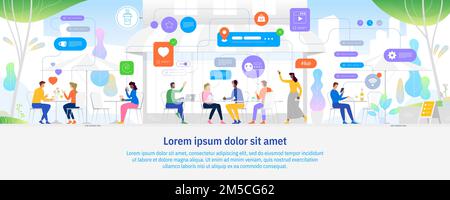Networking people concept. Young people in cafe. Social networking and connecting together online community and internet concept. Vector illustration Stock Vector