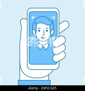 Facial recognition concept. Face ID, face recognition system. Hand holding smartphone with human head and scanning app on screen. Modern application. Stock Vector