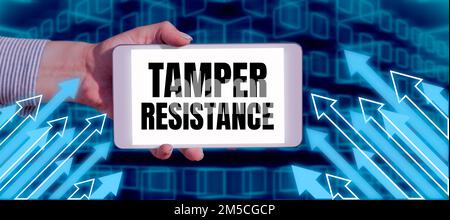 Text caption presenting Tamper Resistance. Word for resilent to physical harm, threats, intimidation, or corrupt persuasion Stock Photo