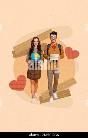 Vertical collage image of two cheerful people hold pile stack book planet earth globe smile step go painted hearts isolated on creative background Stock Photo