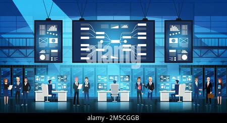 Vector illustration of IT engineers in big data center work on new technology government project with server rooms and computers Stock Vector
