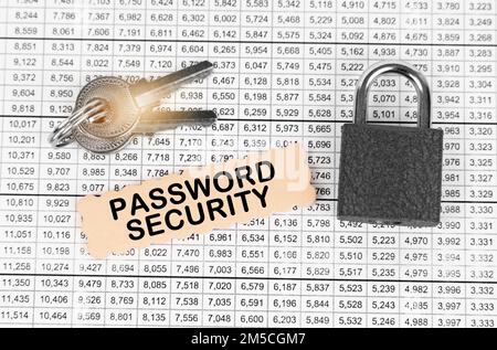 Business and security concept. Against the background of a table with reports, a lock, keys and a sign with the inscription - Password security Stock Photo