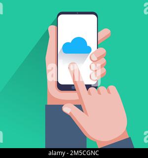 Cloud icon on smartphone screen. Hand holding smartphone, finger touching screen. Cloud storage, computing concepts. Modern flat design elements for w Stock Vector