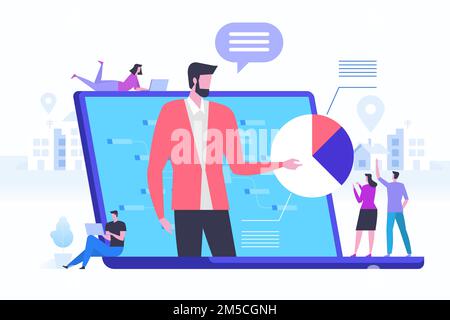 Customer service, male hotline operator advises client, online global technical support 24/7, customer and operator. Vector illustration Stock Vector